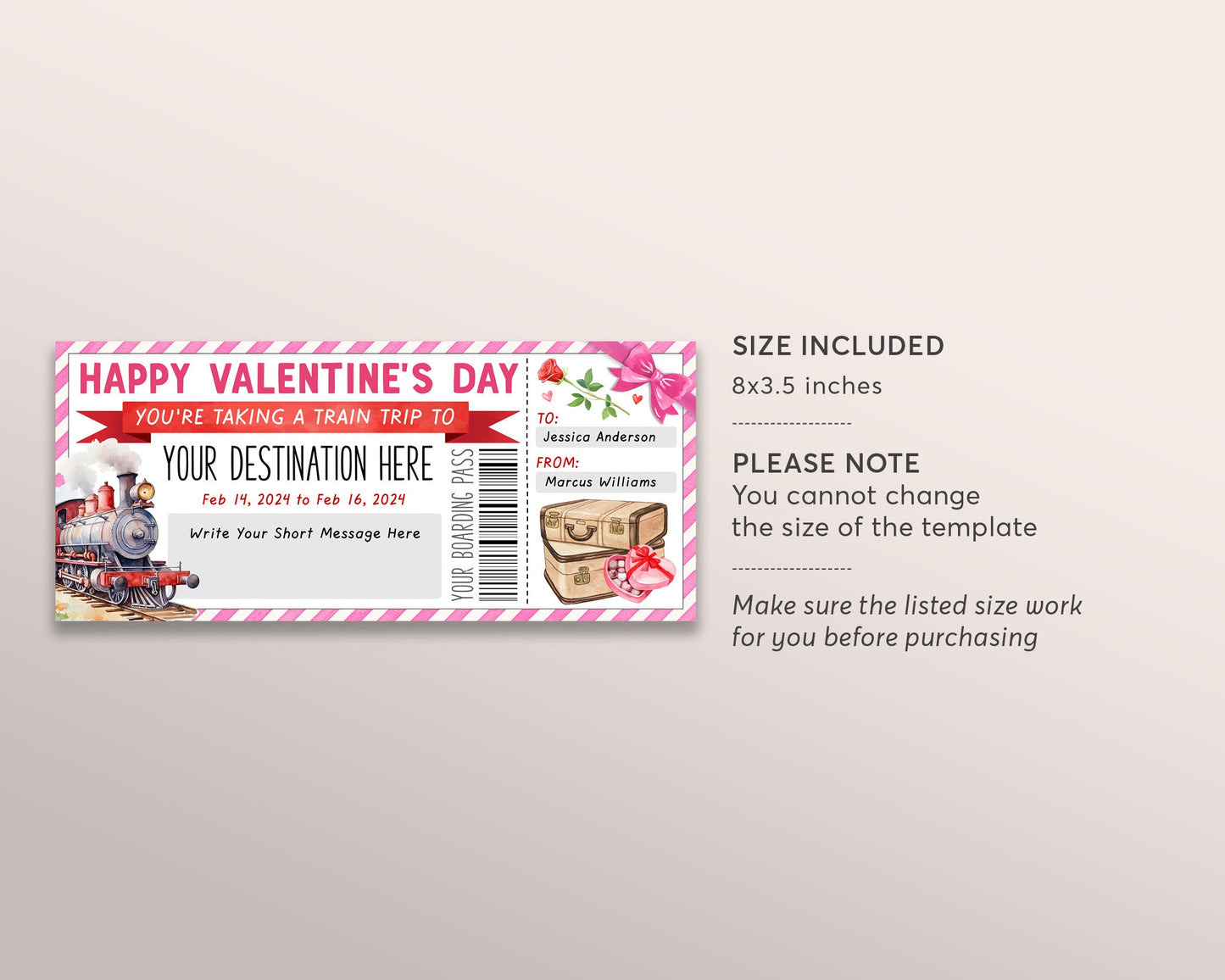 Valentines Day Train Ticket Boarding Pass Editable Template, Valentine Anniversary Surprise Weekend Getaway Vacation Travel Gift Certificate