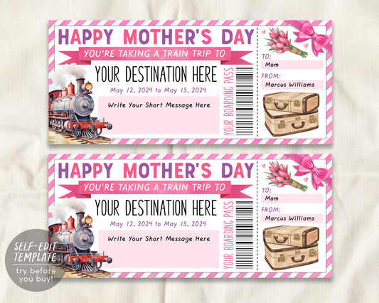 Mothers Day Train Ticket Boarding Pass Editable Template
