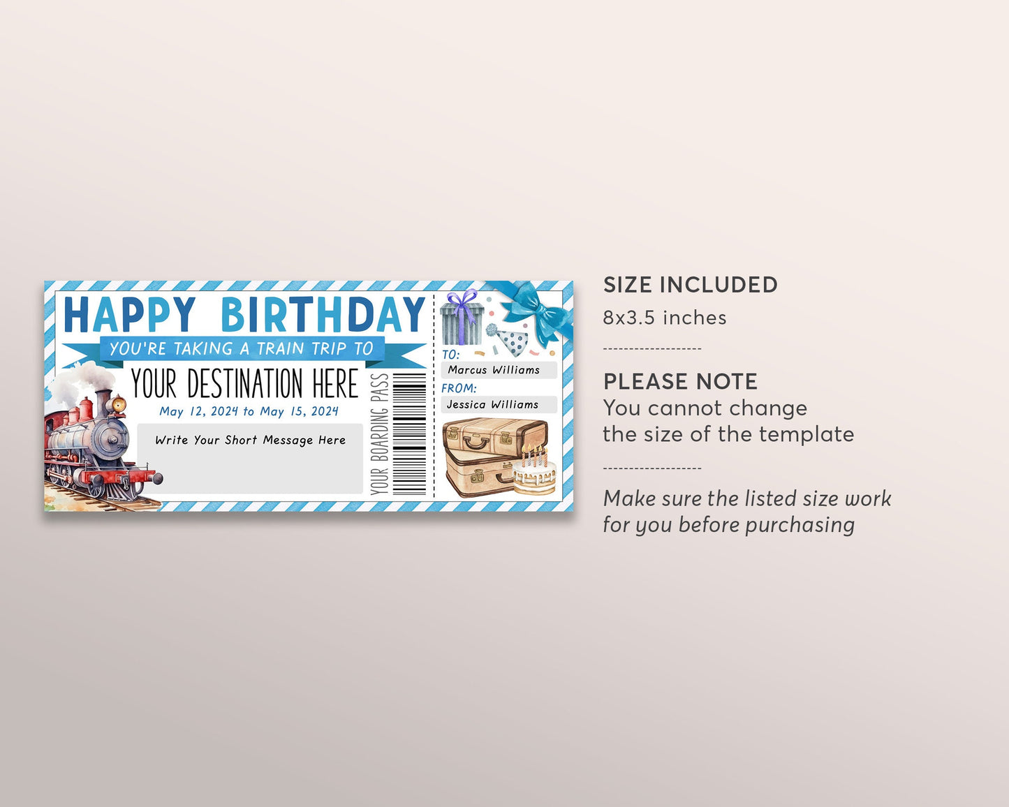 Train Ticket Boarding Pass Editable Template, Birthday Surprise Weekend Getaway Vacation Travel Gift Certificate For Him, Train Lover Travel