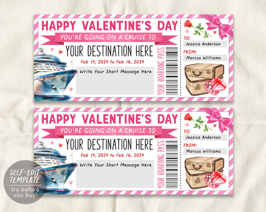 Valentine&#39;s Day Cruise Boarding Pass Ticket Editable Template