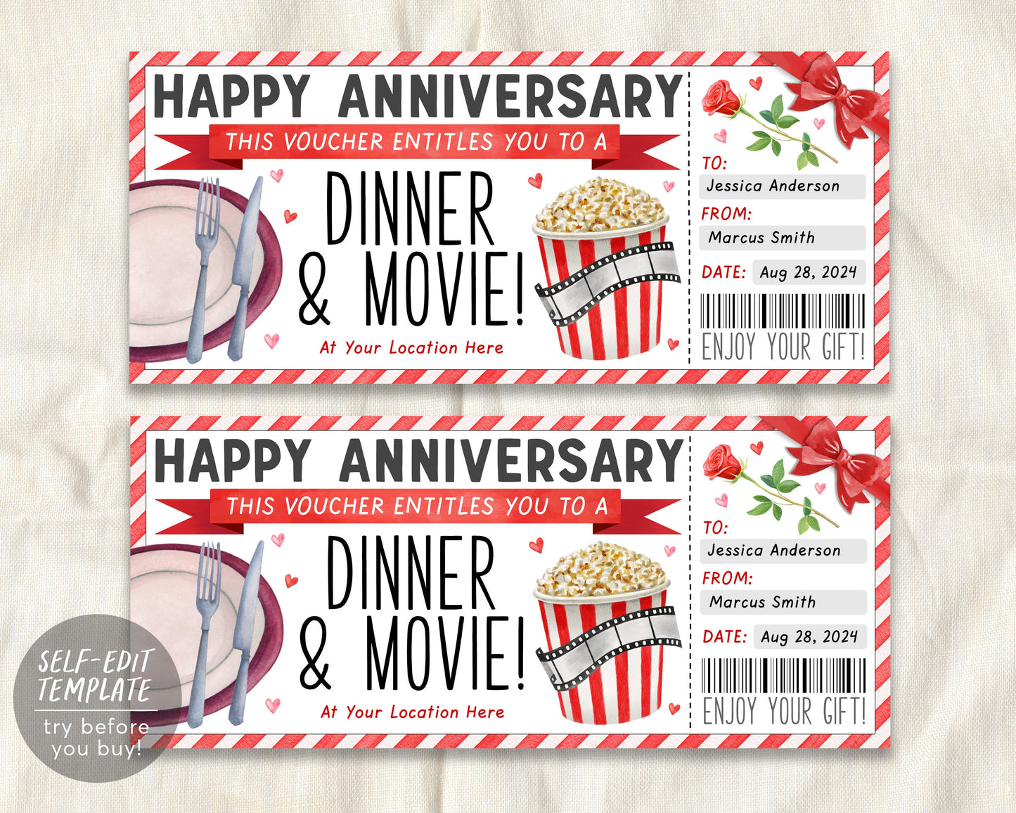 Dinner and Movie Gift Voucher Editable Template