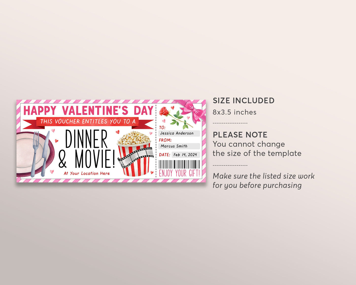 Valentines Day Dinner and Movie Voucher Editable Template, Surprise Date Night Restaurant Gift Certificate Reveal For Girlfriend Boyfriend