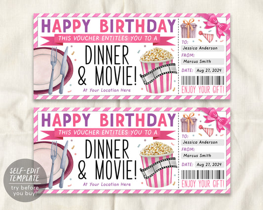 Birthday Dinner and Movie Gift Voucher Editable Template