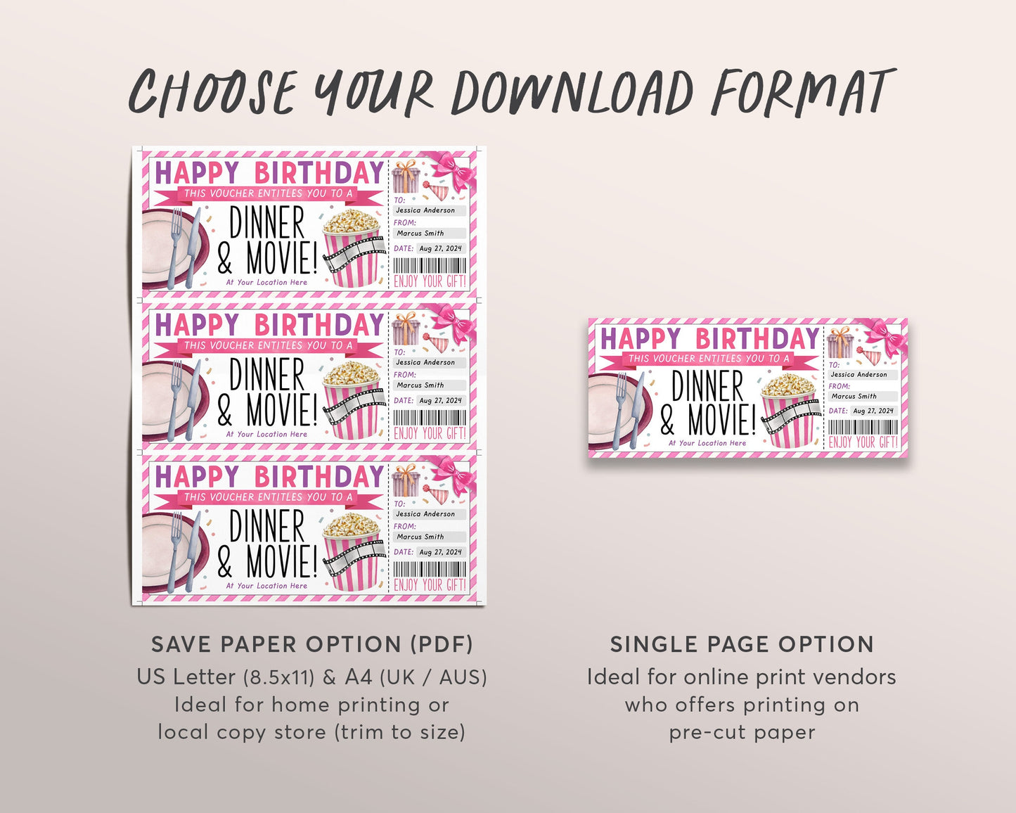 Dinner and Movie Gift Voucher Editable Template, Birthday Surprise Restaurant Gift Certificate Reveal For Her, Best Friends Fun Night Coupon