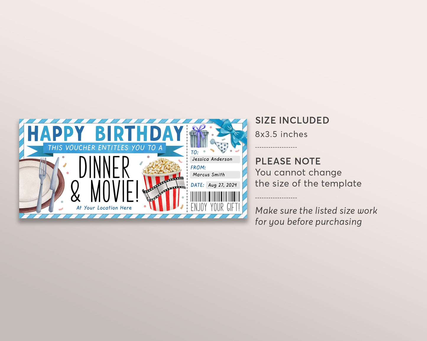 Dinner and Movie Gift Voucher Editable Template, Birthday Surprise Restaurant Gift Certificate Reveal For Him, Best Friends Fun Night Coupon