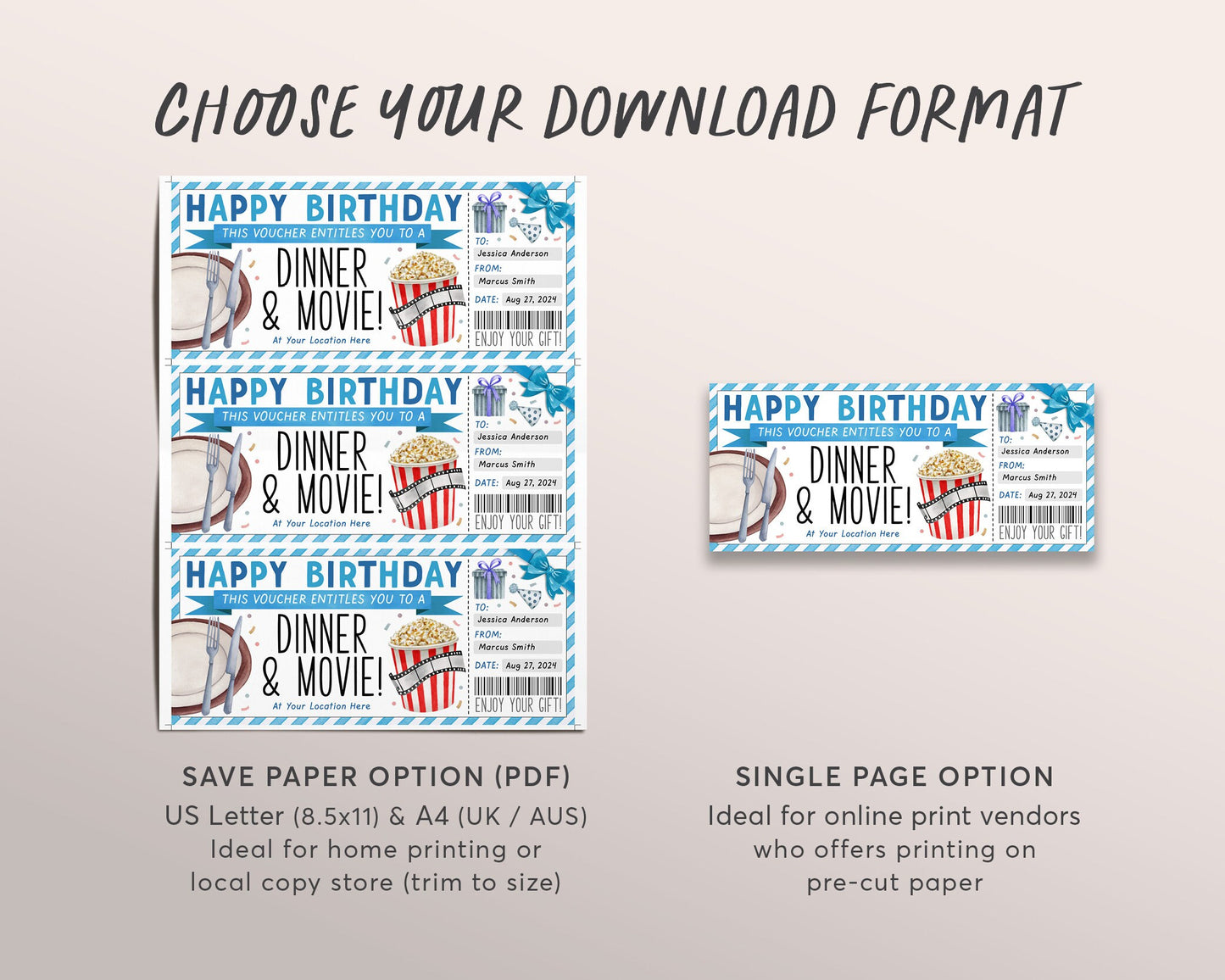 Dinner and Movie Gift Voucher Editable Template, Birthday Surprise Restaurant Gift Certificate Reveal For Him, Best Friends Fun Night Coupon