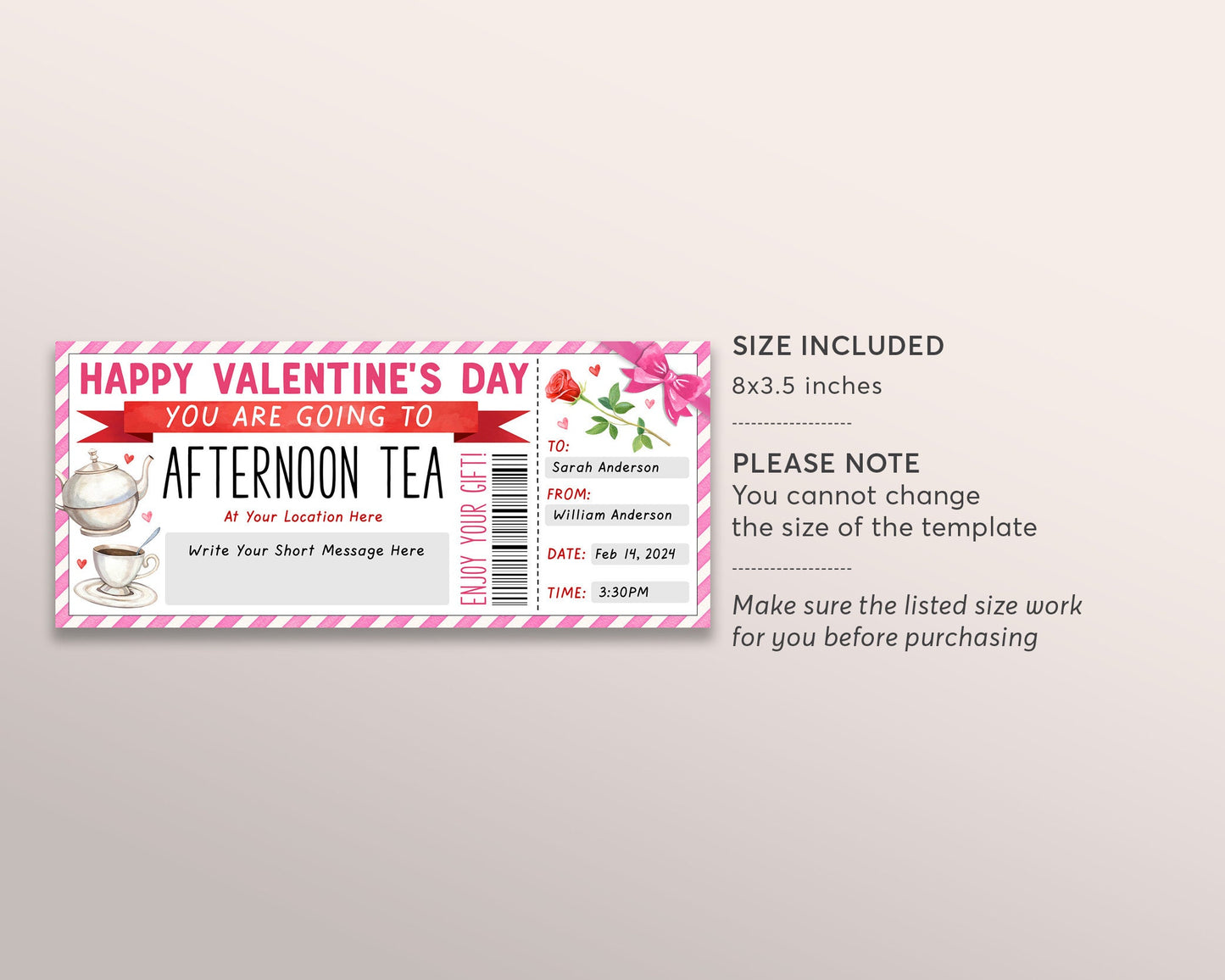 Valentines Day Afternoon Tea Gift Voucher Ticket Editable Template, Anniversary English Afternoon Tea Gift Certificate Coupon For Girlfriend