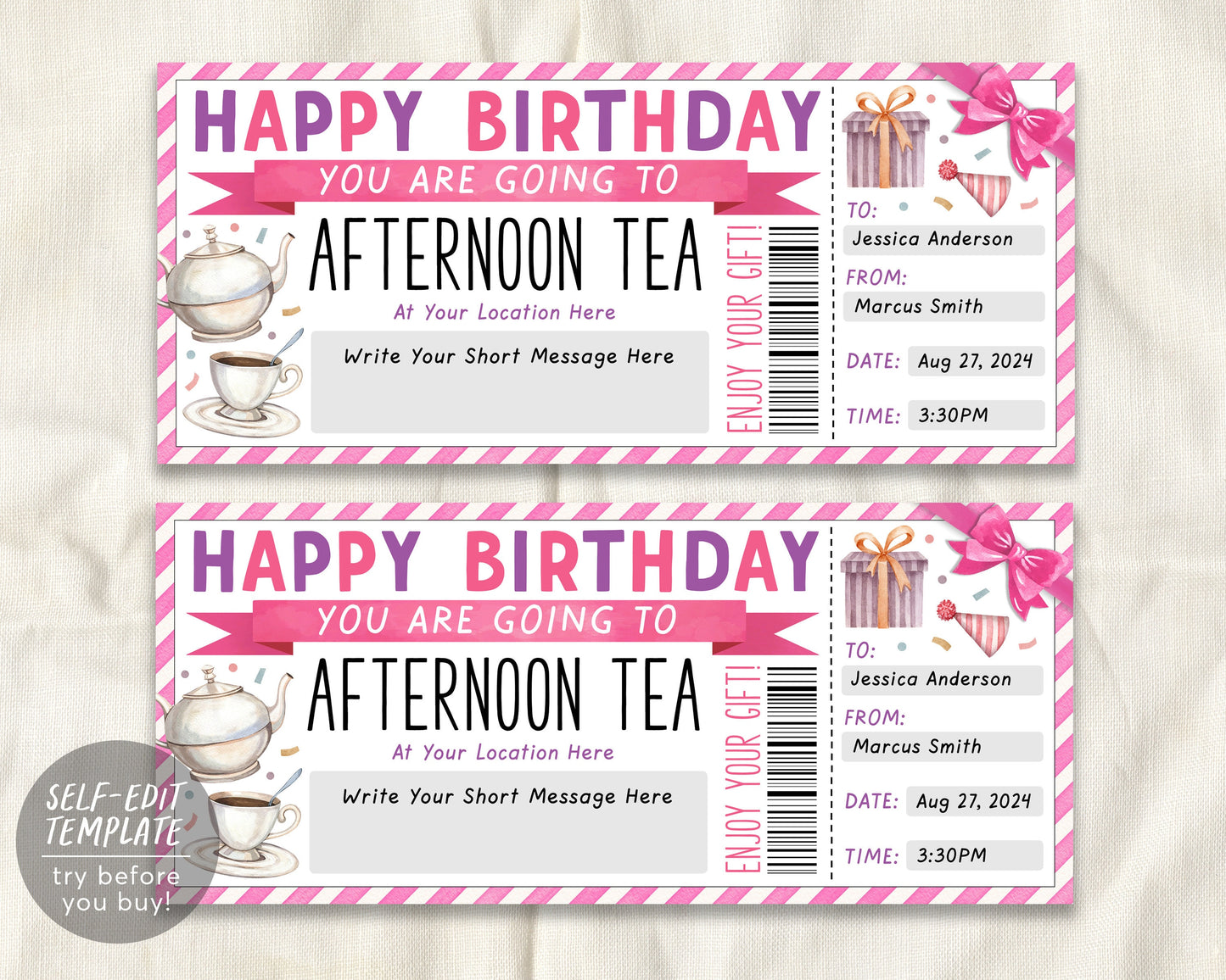 Birthday Afternoon Tea Gift Voucher Ticket Editable Template