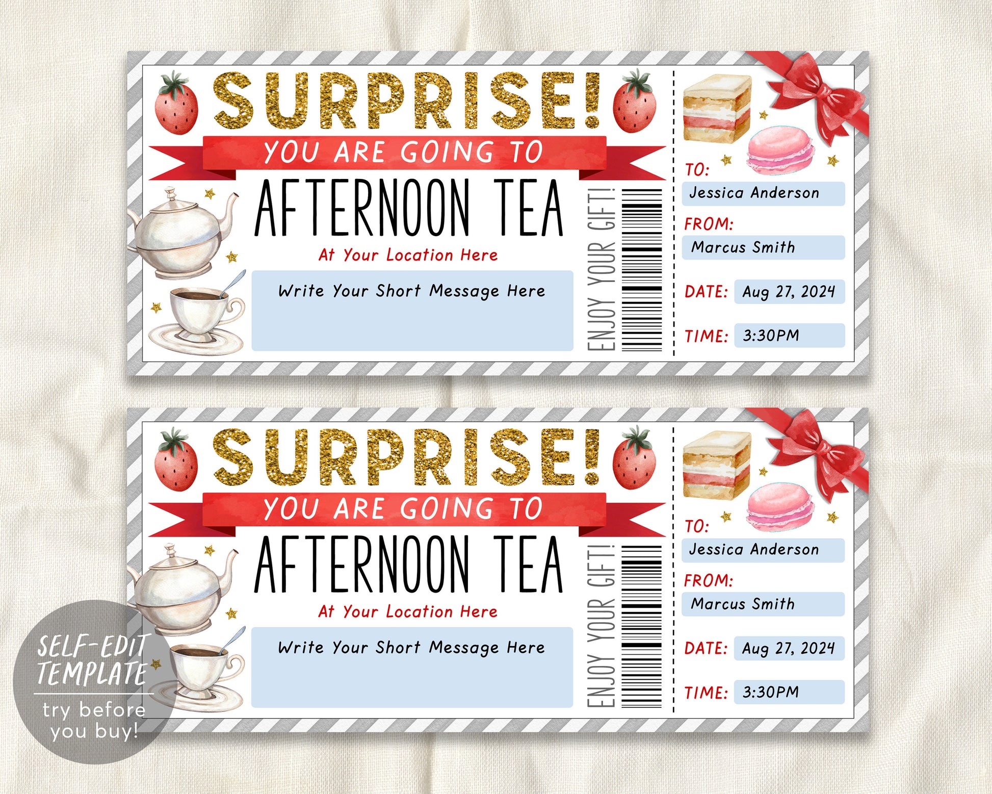 Afternoon Tea Gift Voucher Ticket Editable Template