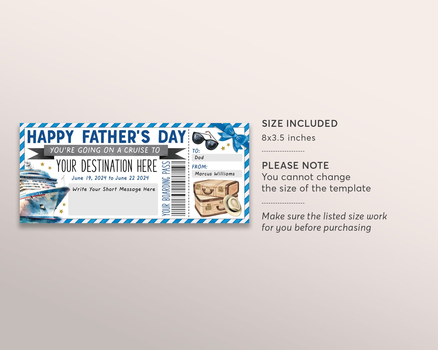 Fathers Day Cruise Boarding Pass Ticket Editable Template, Surprise Cruise Ship Gift Voucher For Dad, Vacation Travel Ticket Trip Reveal