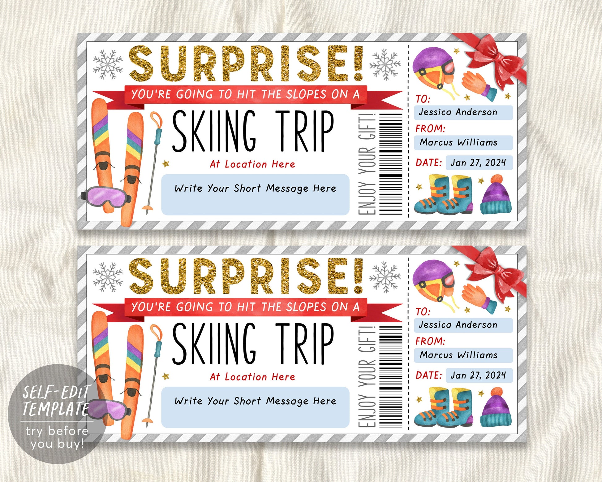 Ski Pass Gift Certificate Editable Template