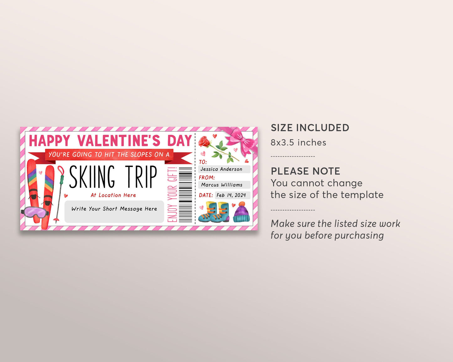 Valentines Day Ski Pass Gift Certificate Editable Template, Anniversary Surprise Holiday Skiing Trip Vacation Gift Voucher, Skiing Lessons