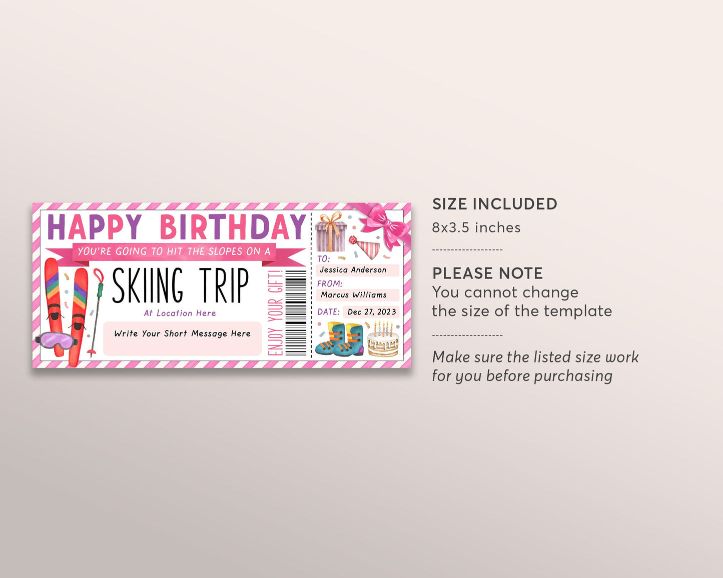 Ski Pass Gift Certificate Editable Template, Birthday Surprise Holiday Skiing Trip Vacation Gift Voucher For Her, Skiing Lessons Training