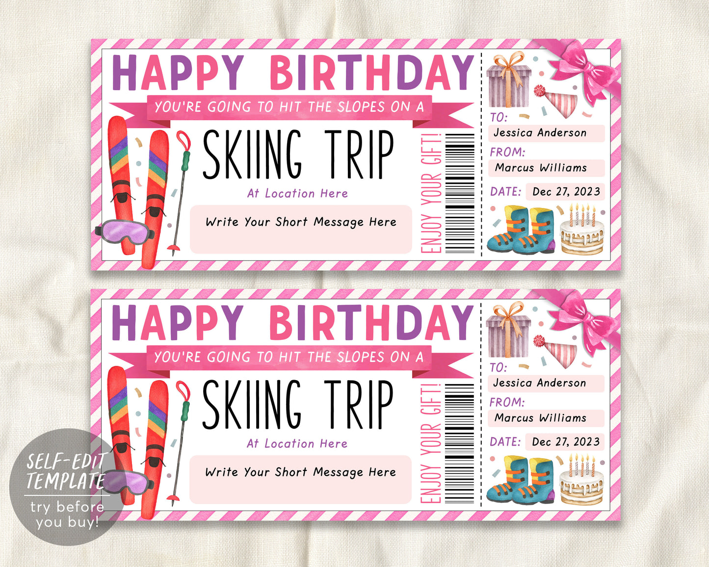 Ski Pass Gift Certificate Editable Template