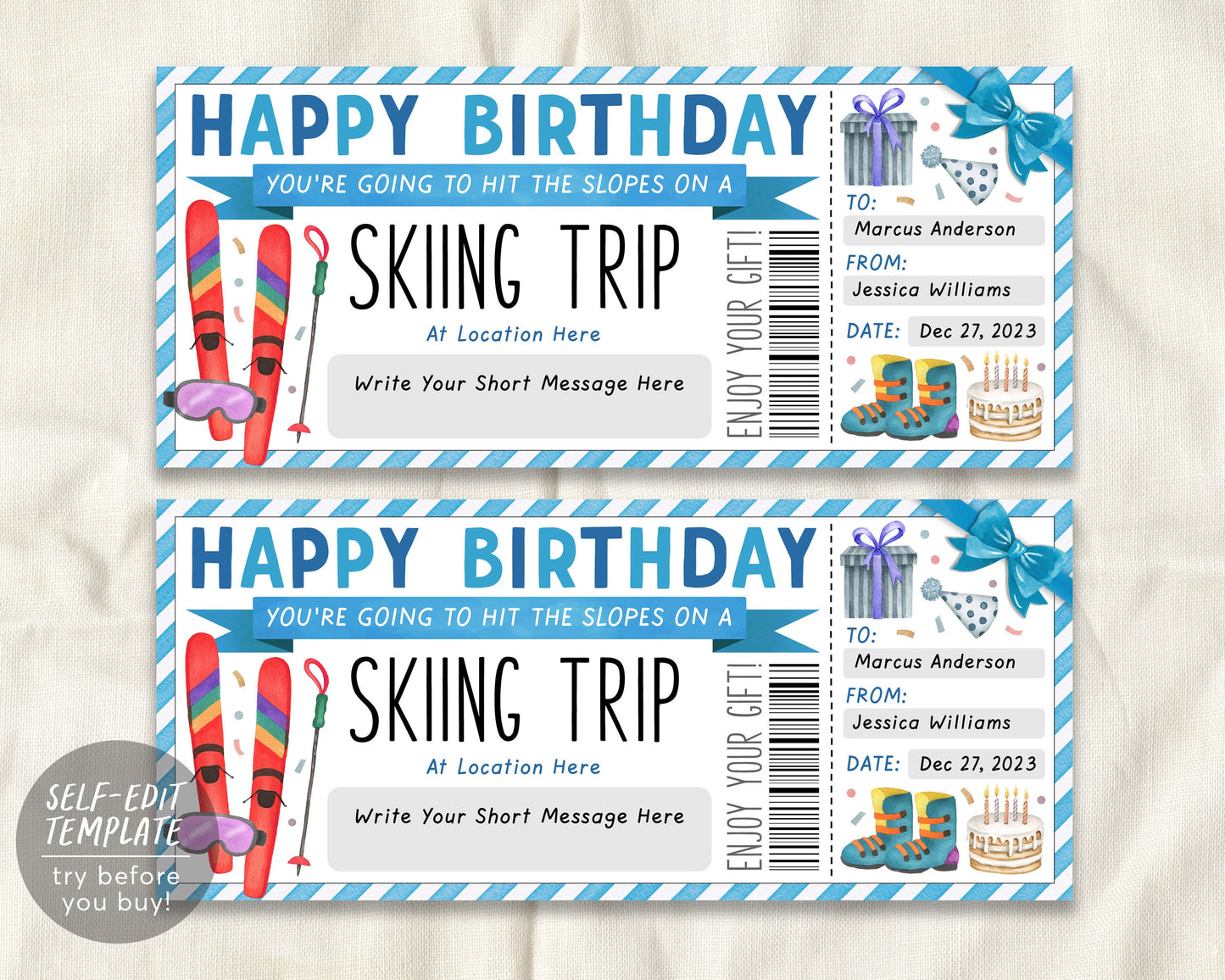 Ski Pass Gift Certificate Editable Template