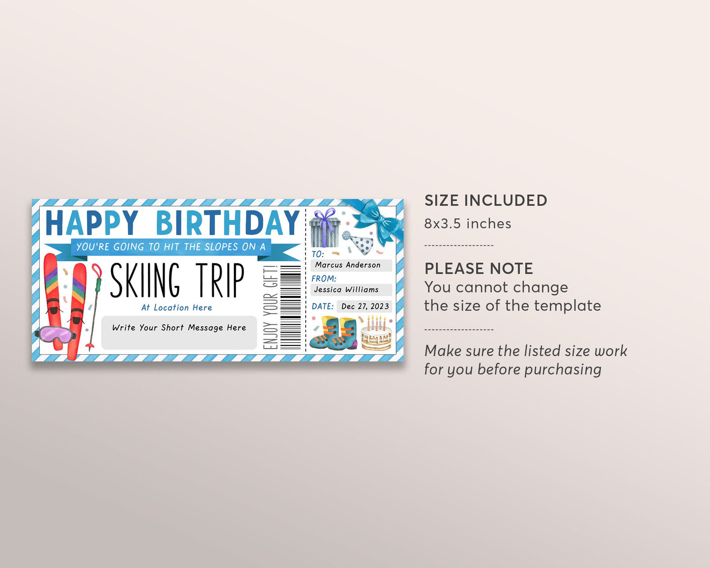 Skiing Trip Gift Certificate Editable Template, Birthday Surprise Holiday Ski Pass Vacation Gift Voucher For Him, Skiing Lessons Training