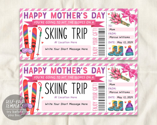 Mothers Day Skiing Trip Gift Certificate Editable Template