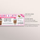 Thanks A Latte Gift Coupon Editable Template, Birthday Surprise Coffee Gift Certificate, Cafe Voucher Coffee Shop Lover Gift Card For Her