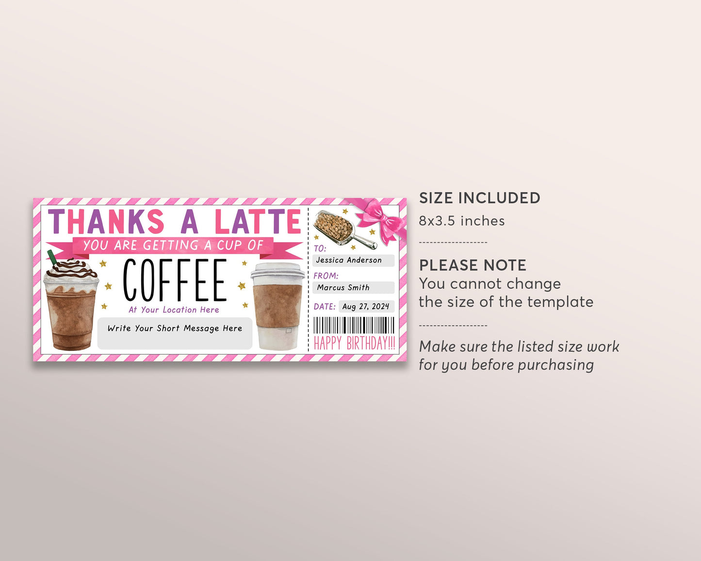 Thanks A Latte Gift Coupon Editable Template, Birthday Surprise Coffee Gift Certificate, Cafe Voucher Coffee Shop Lover Gift Card For Her