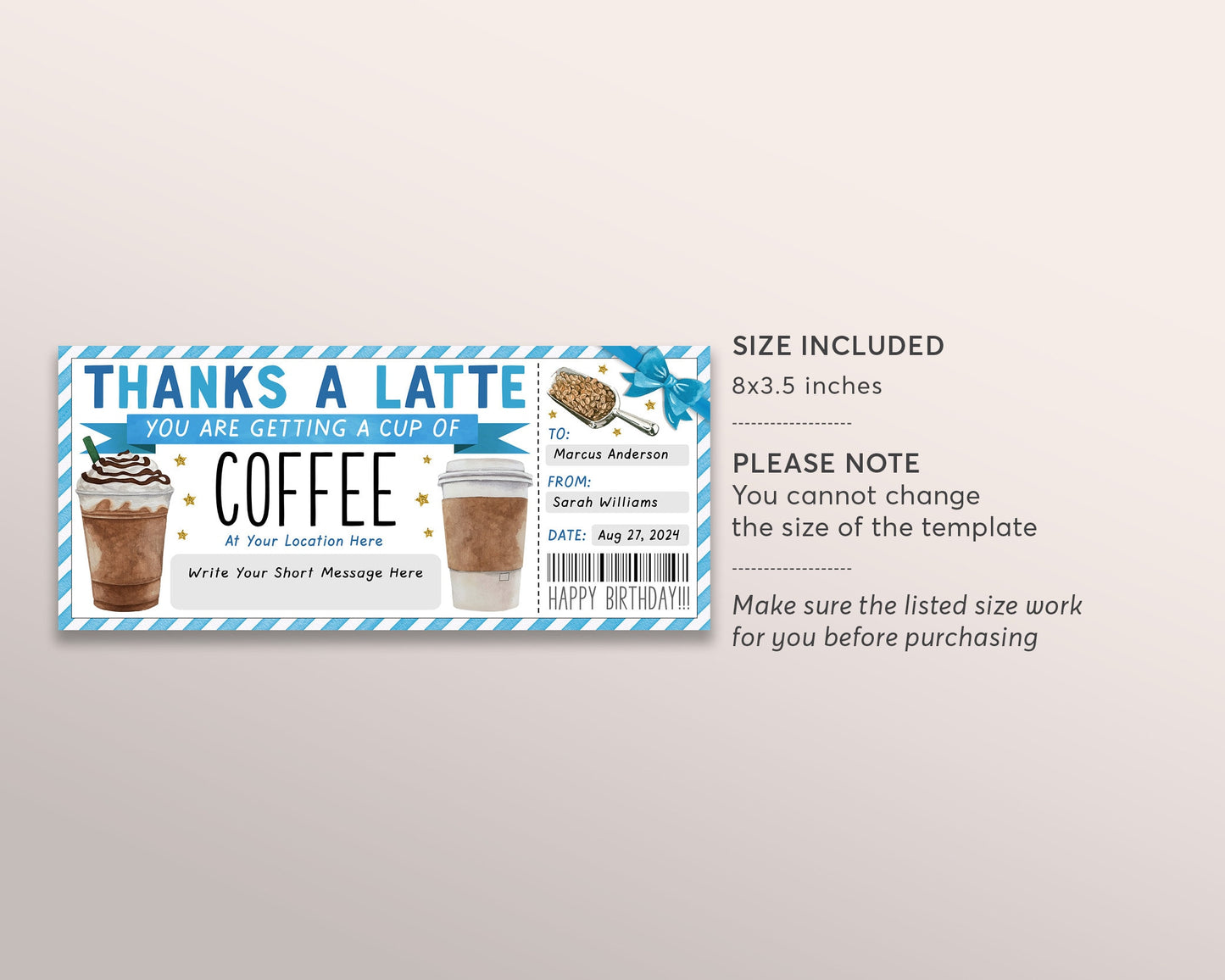 Thanks A Latte Gift Coupon Editable Template, Birthday Surprise Coffee Gift Certificate, Cafe Voucher Coffee Shop Lover Gift Card For Him