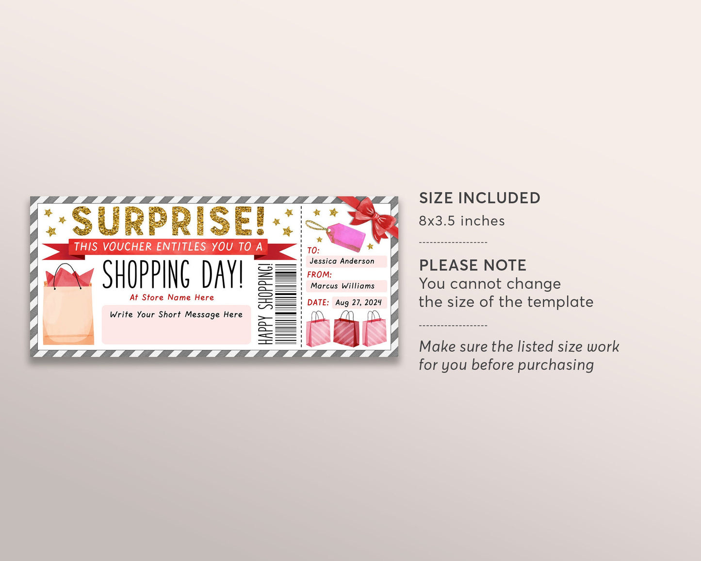 Shopping Spree Gift Certificate Editable Template, Surprise Shopping Day Voucher Ticket, Shopping Trip Girls Day Out Coupon Printable