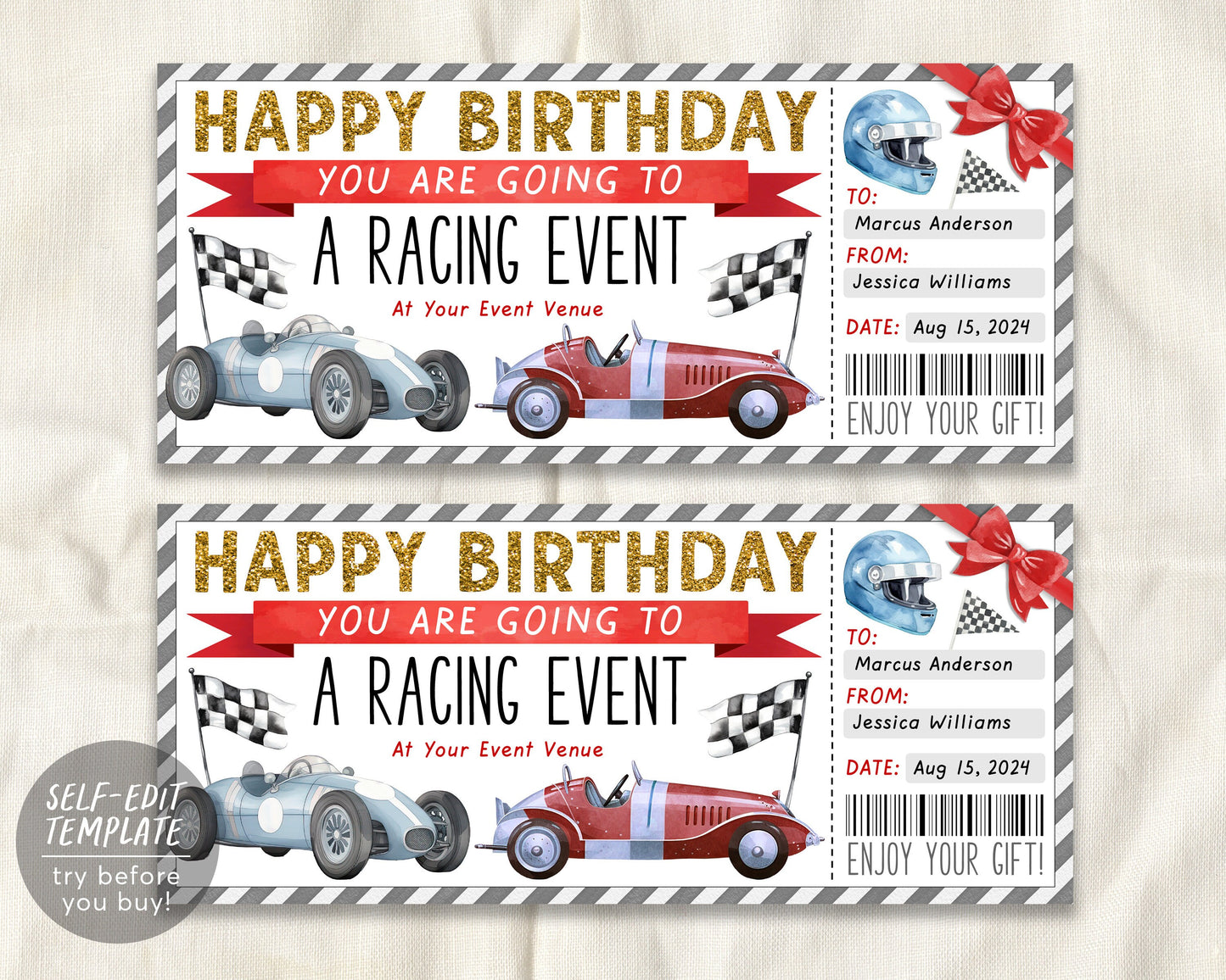 Car Race Ticket Gift Certificate Editable Template