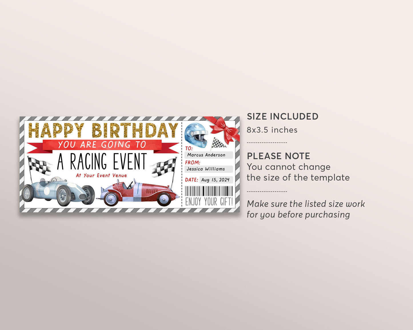 Car Race Ticket Gift Certificate Editable Template, Birthday Car Racing Event Voucher Printable, Supercar Race Track Driving Go Kart Coupon