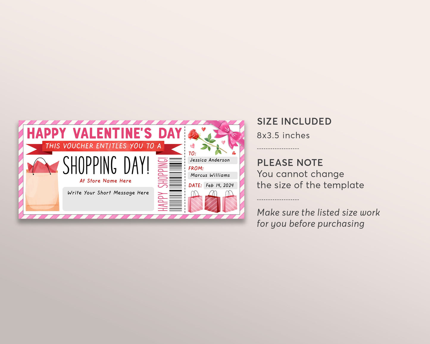 Valentine's Day Shopping Spree Gift Certificate Editable Template, Anniversary Surprise Shopping Day Trip Voucher Ticket For Girlfriend Wife