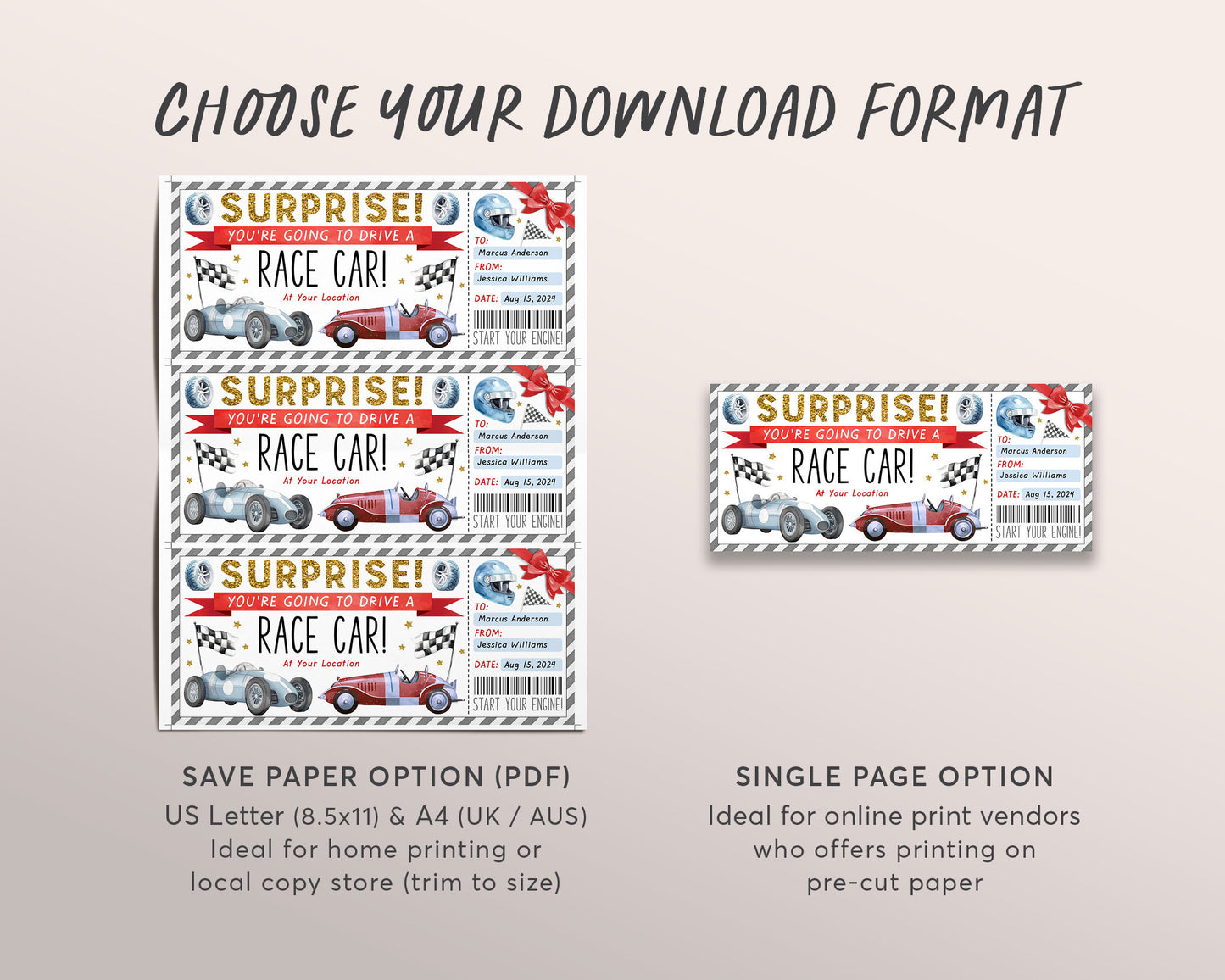 Race Car Ticket Gift Certificate Editable Template, Surprise Super Car Racing Event Voucher, Supercar Driving Go Kart Coupon, Nascar Racing