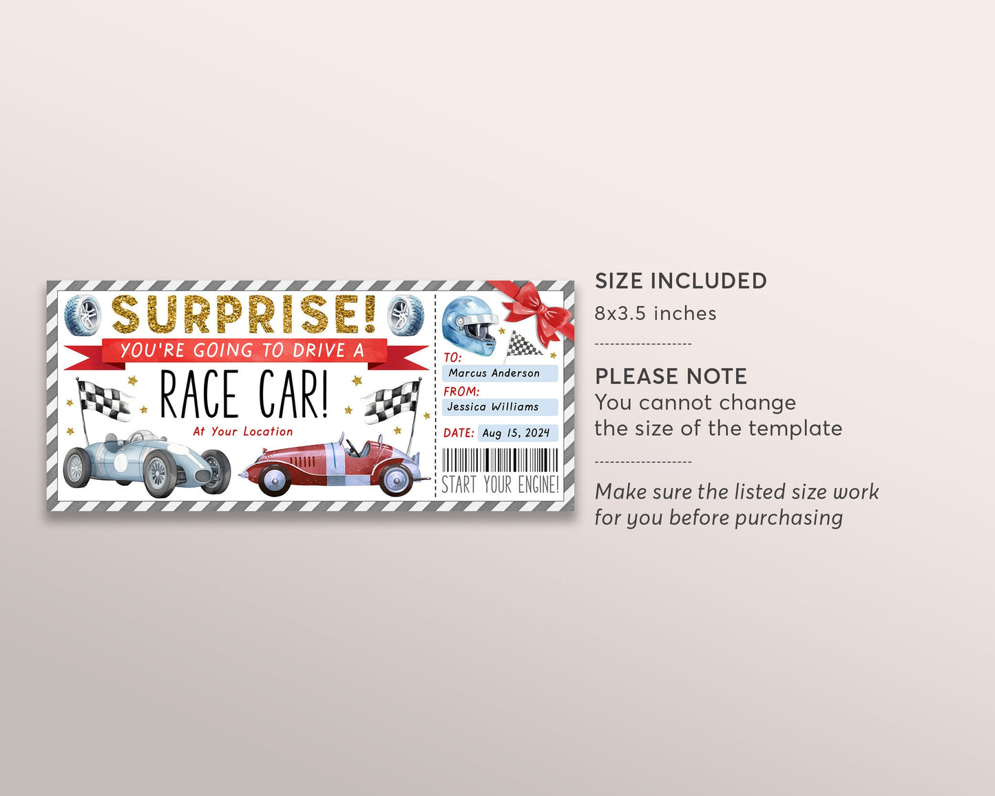 Race Car Ticket Gift Certificate Editable Template, Surprise Super Car Racing Event Voucher, Supercar Driving Go Kart Coupon, Nascar Racing