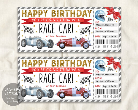 Birthday Race Car Ticket Gift Certificate Editable Template