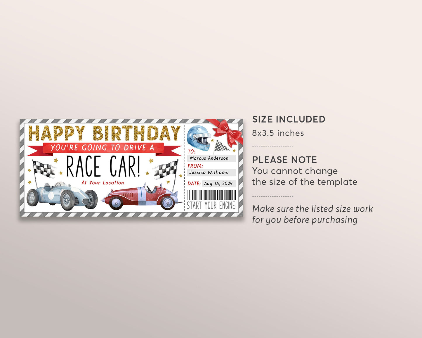 Race Car Ticket Gift Certificate Editable Template, Birthday Surprise Car Racing Event Voucher For Him, Supercar Driving Go Kart Coupon