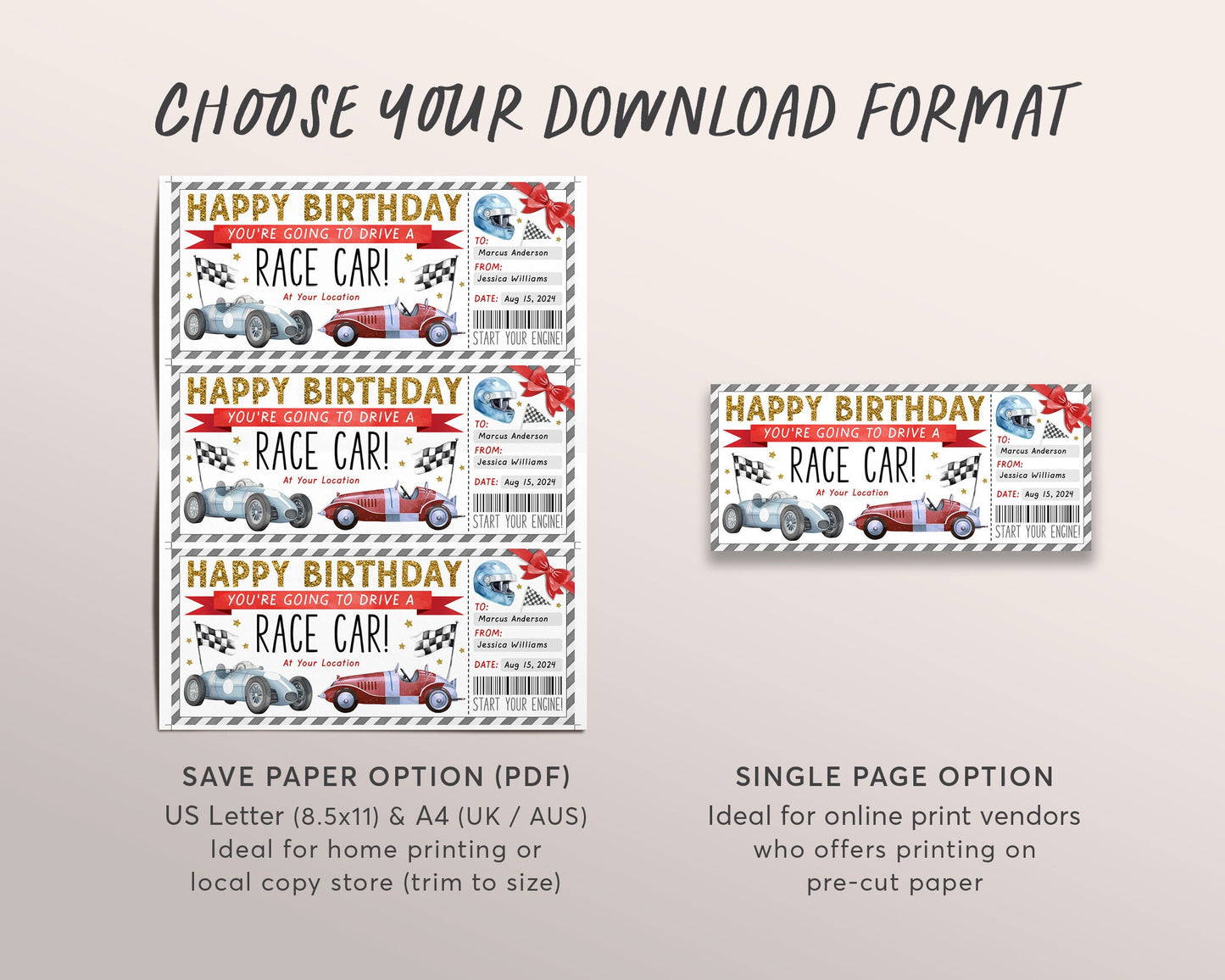 Race Car Ticket Gift Certificate Editable Template, Birthday Surprise Car Racing Event Voucher For Him, Supercar Driving Go Kart Coupon