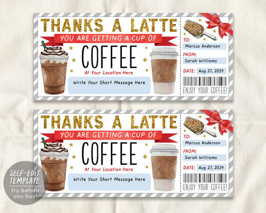 Thanks A Latte Gift Coupon Editable Template