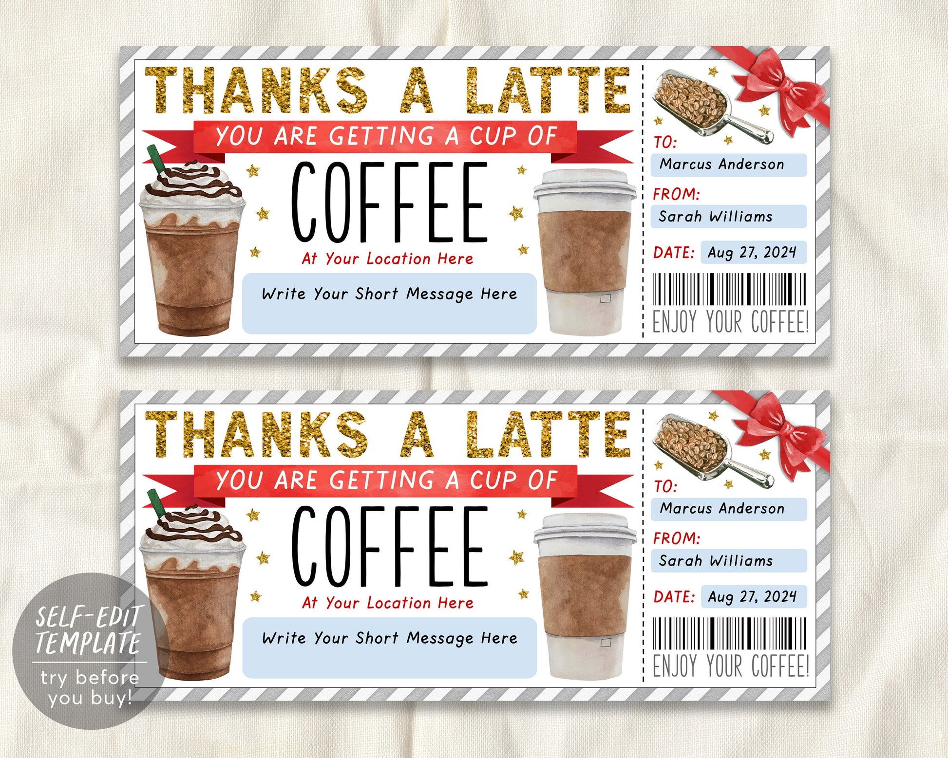 Thanks A Latte Gift Coupon Editable Template