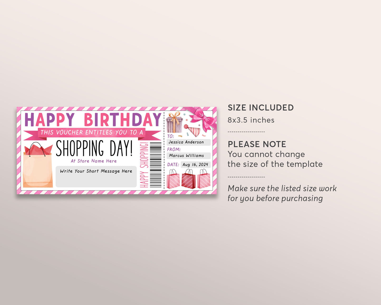 Birthday Shopping Spree Gift Certificate Editable Template, Surprise Shopping Day Trip Voucher Ticket For Girlfriend Wife Mom Printable