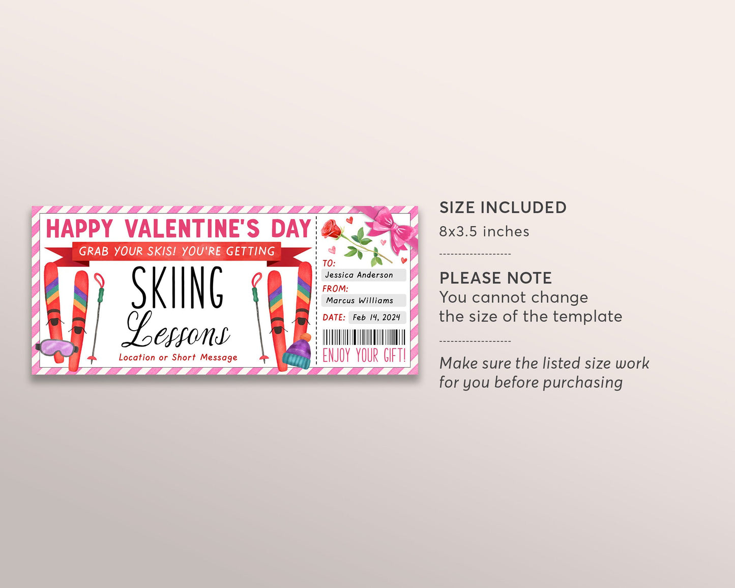 Valentines Day Skiing Lessons Voucher Gift Voucher Editable Template, Anniversary Surprise Ski Training Gift Certificate Skiing Trip Coupon