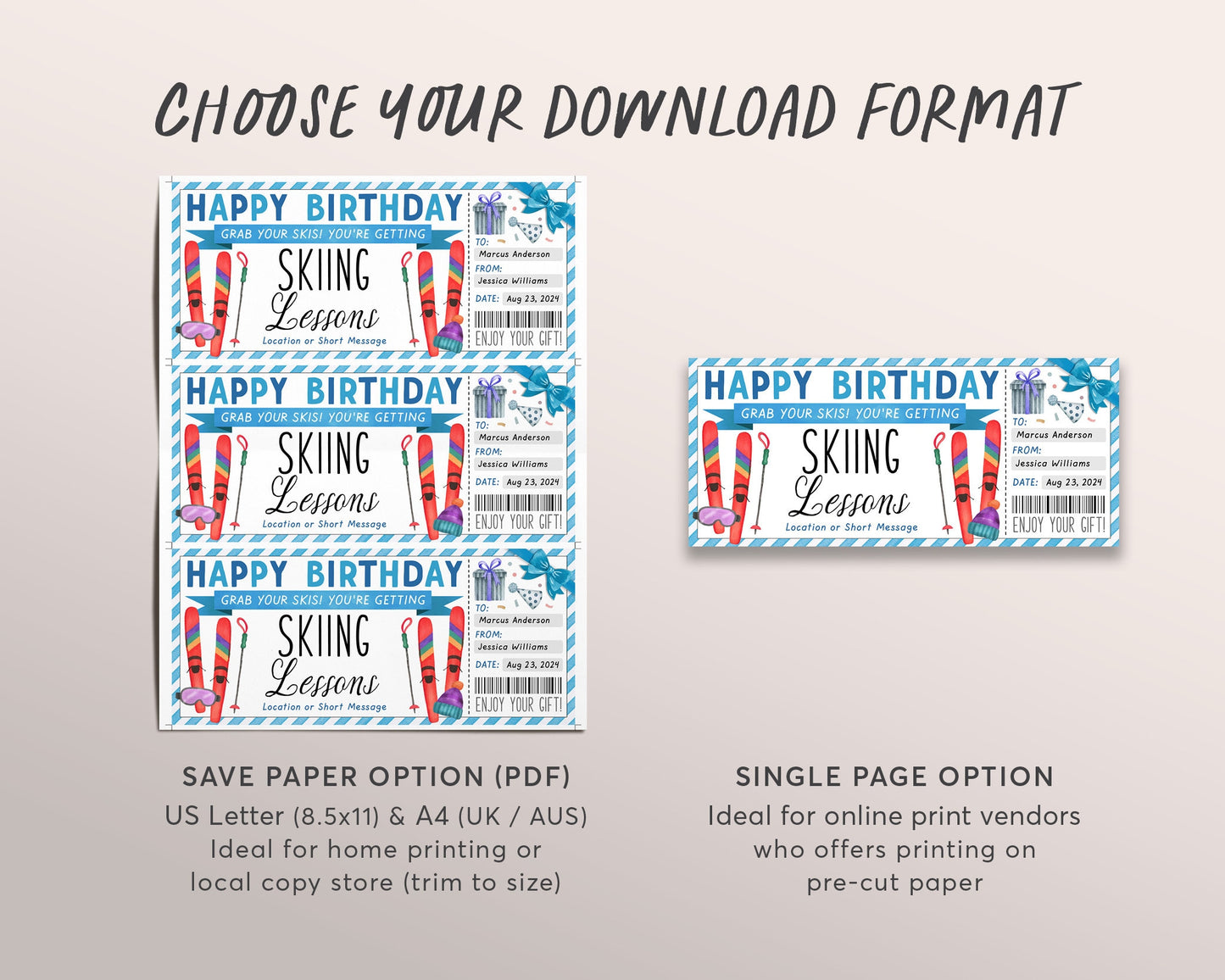 Skiing Lessons Voucher Gift Voucher Editable Template, Birthday Gift Surprise Ski Training Gift Certificate, Skiing Trip Vacation Coupon