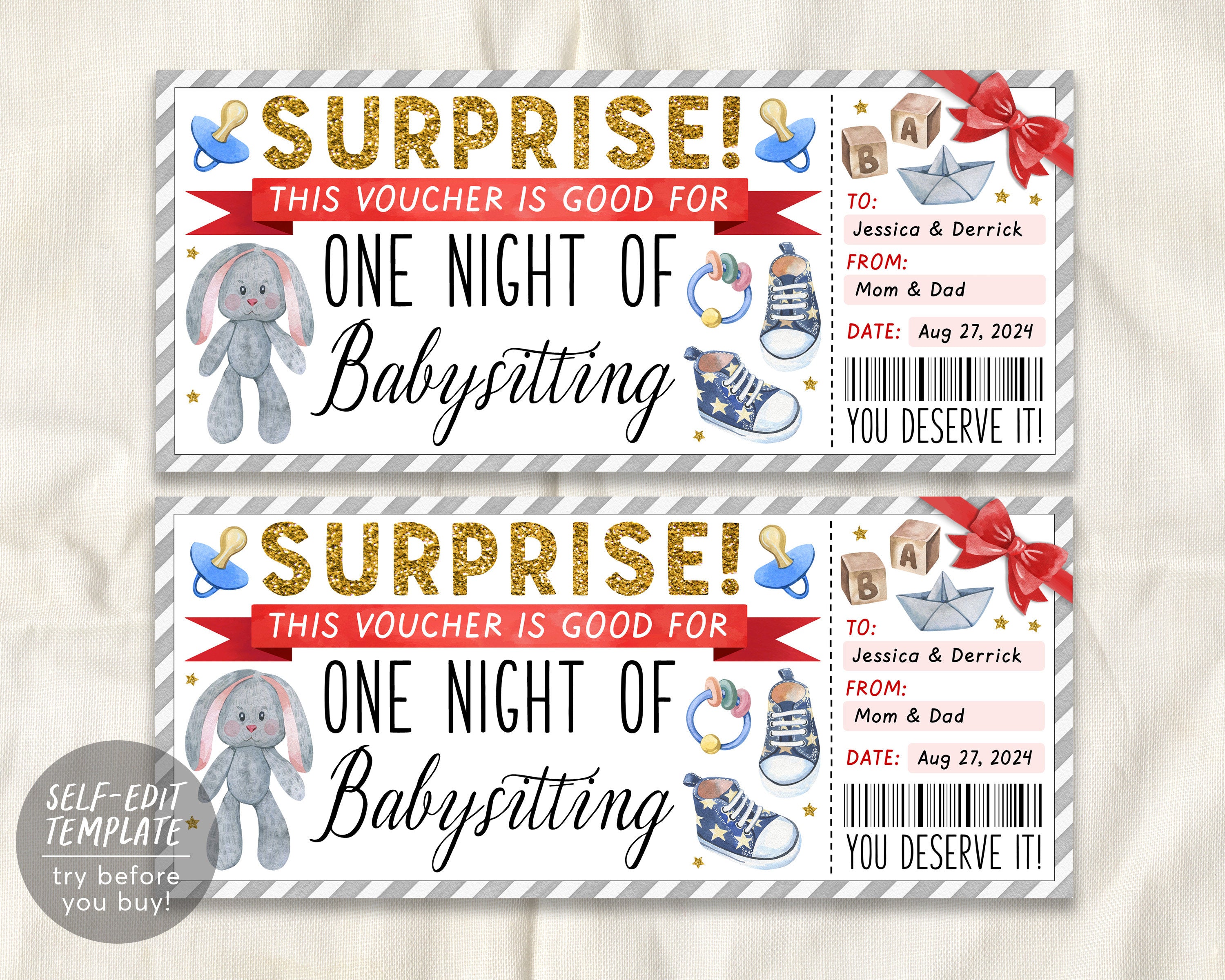 babysitting gift coupon editable template, surprise babysitter gift ticket  voucher, custom new mom certificate gift card kid free printable