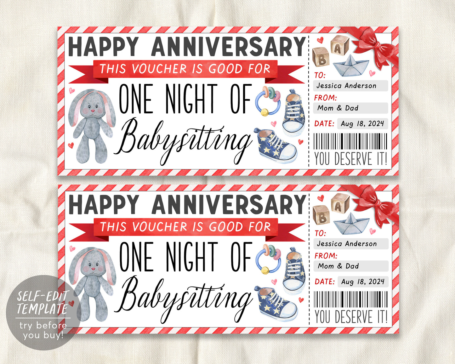 Babysitting Gift Coupon Editable Template