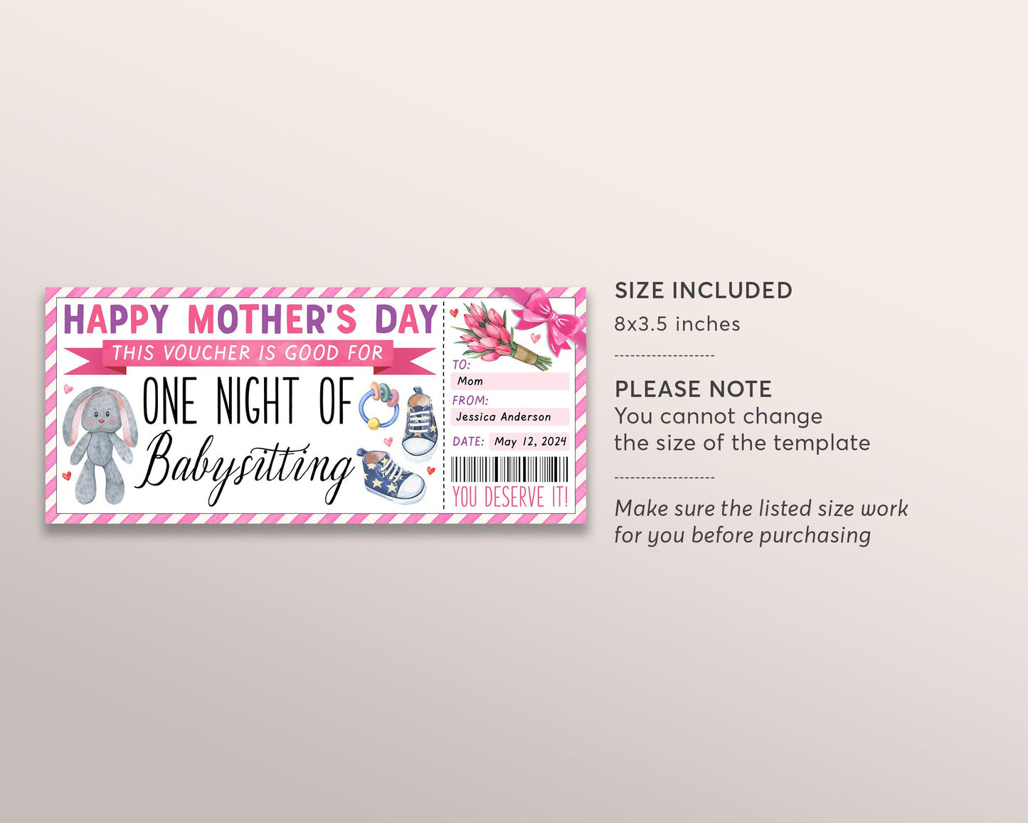 Mothers Day Babysitting Gift Coupon Editable Template, Valentine Surprise Babysitter Gift Ticket Voucher For New Mom, Certificate Gift Card