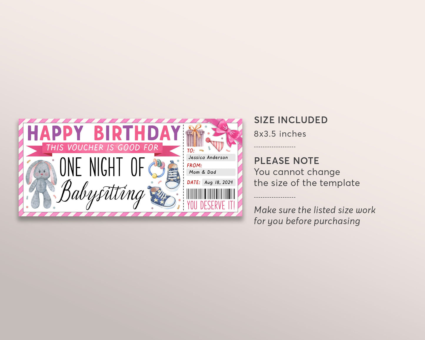 Babysitting Gift Coupon Editable Template, Birthday Surprise Babysitter Gift Ticket Voucher, Custom New Mom Certificate Gift Card Kid Free