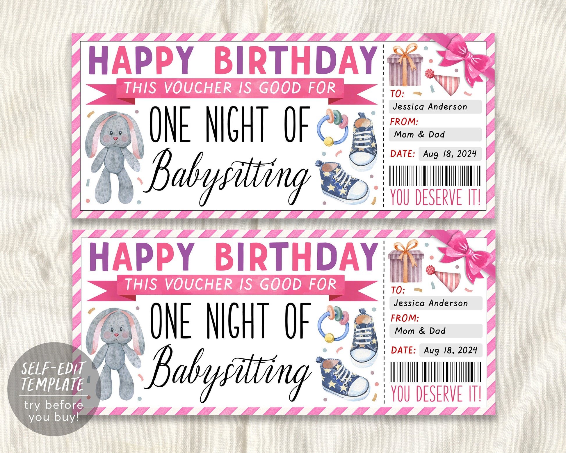 Babysitting Gift Coupon Editable Template