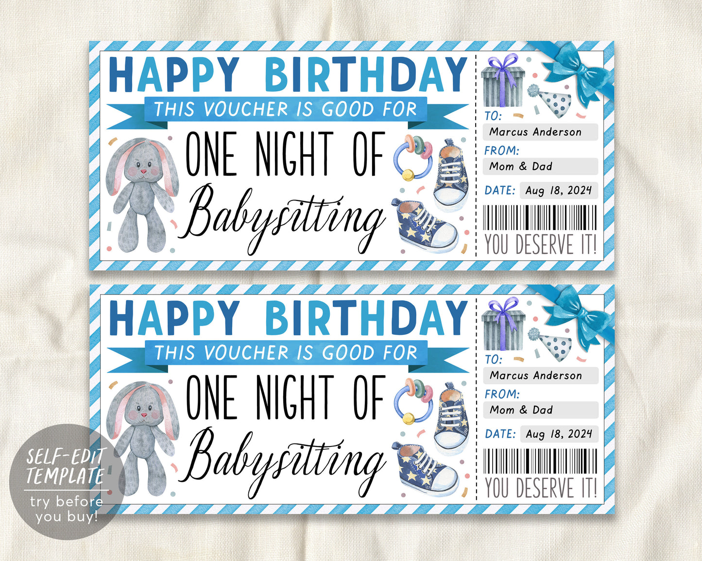 Babysitting Gift Coupon Editable Template