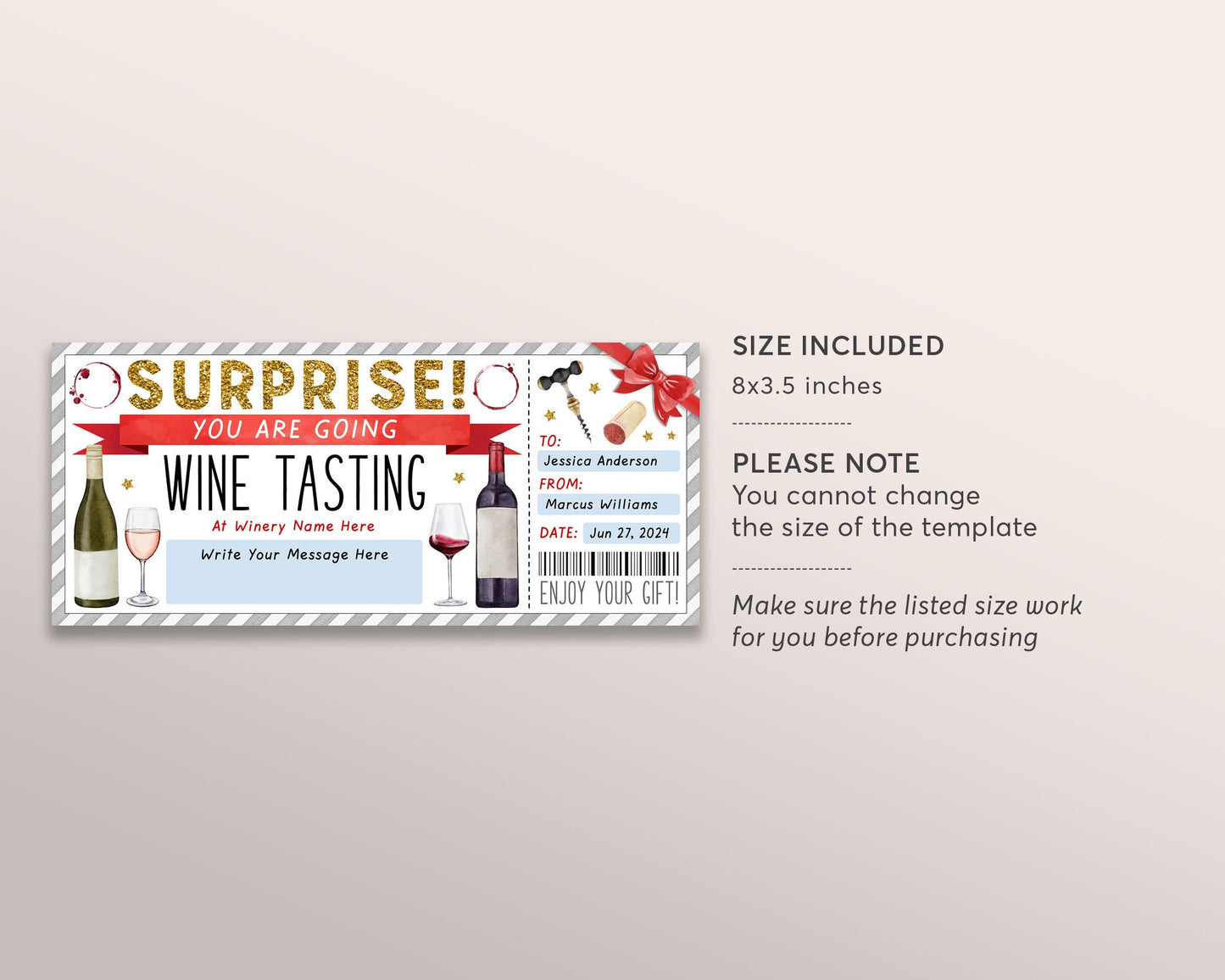 Wine Tasting Gift Voucher Editable Template, Surprise Wine Tasting Ticket Gift Certificate, Winery Vineyard Day Trip Coupon Reveal Printable