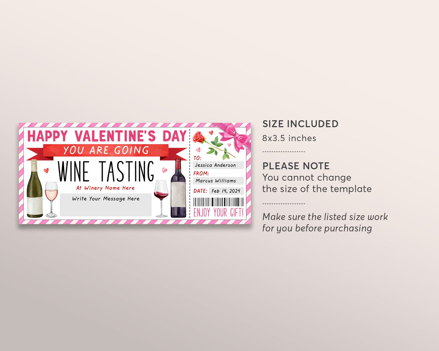 Valentines Day Wine Tasting Gift Voucher Editable Template, Anniversary Surprise Wine Tasting Ticket Gift Certificate, Winery Coupon Reveal