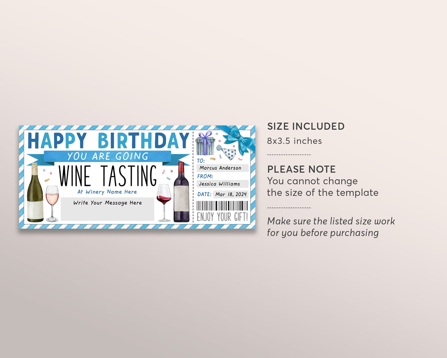 Wine Tasting Gift Voucher Editable Template, Birthday Surprise Wine Tasting Ticket Gift Certificate For Him, Winery Vineyard Coupon Reveal