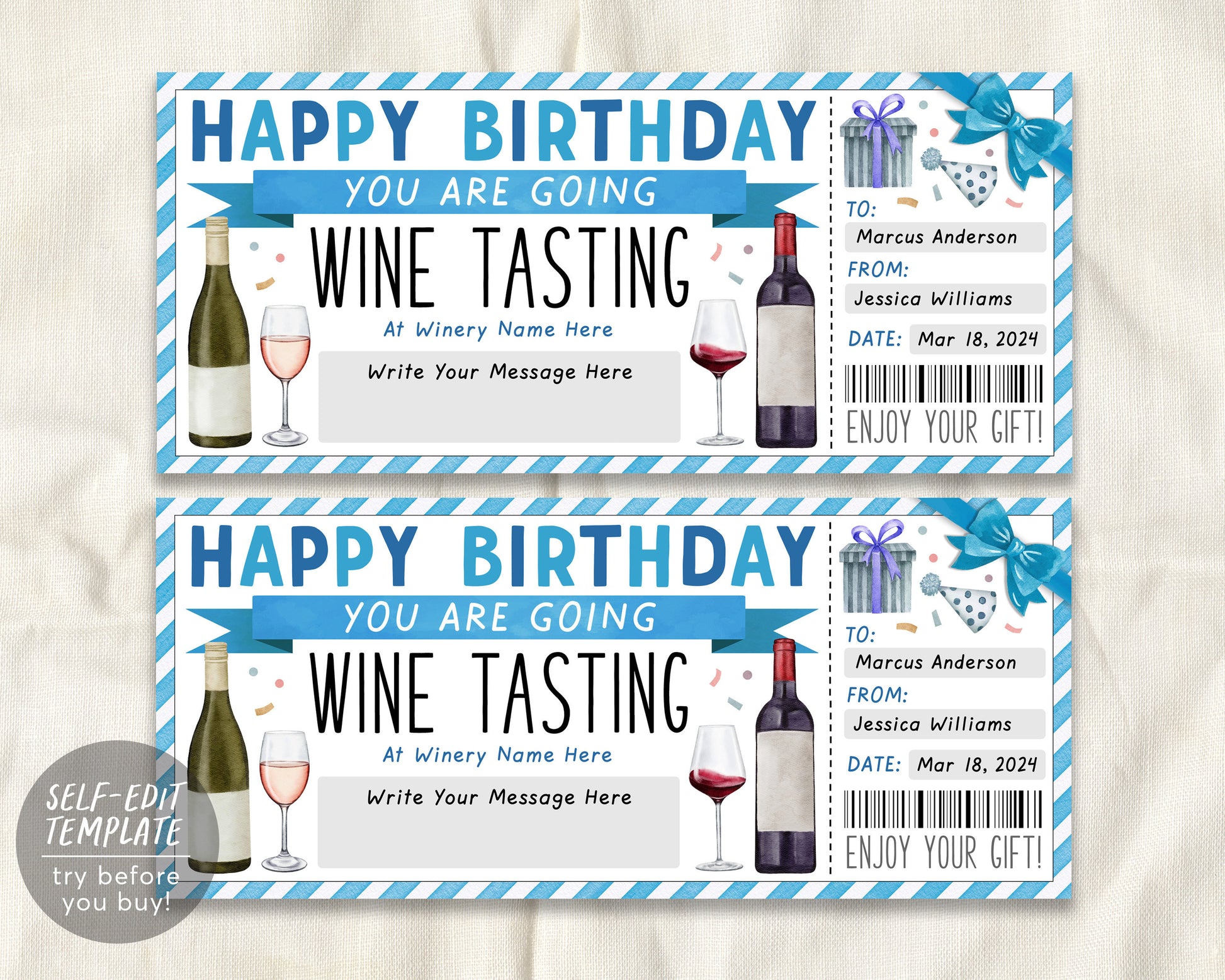 Wine Tasting Gift Voucher Editable Template, Birthday Surprise Wine Tasting Ticket Gift Certificate For Him, Winery Vineyard Coupon Reveal