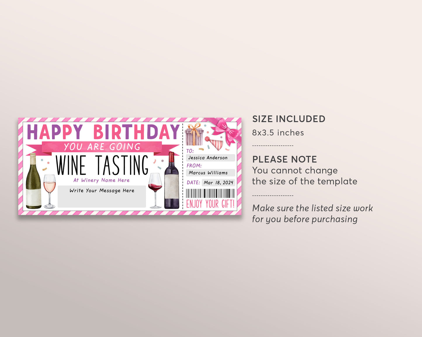 Wine Tasting Gift Voucher Editable Template, Birthday Surprise Wine Tasting Ticket Gift Certificate For Her, Winery Vineyard Coupon Reveal