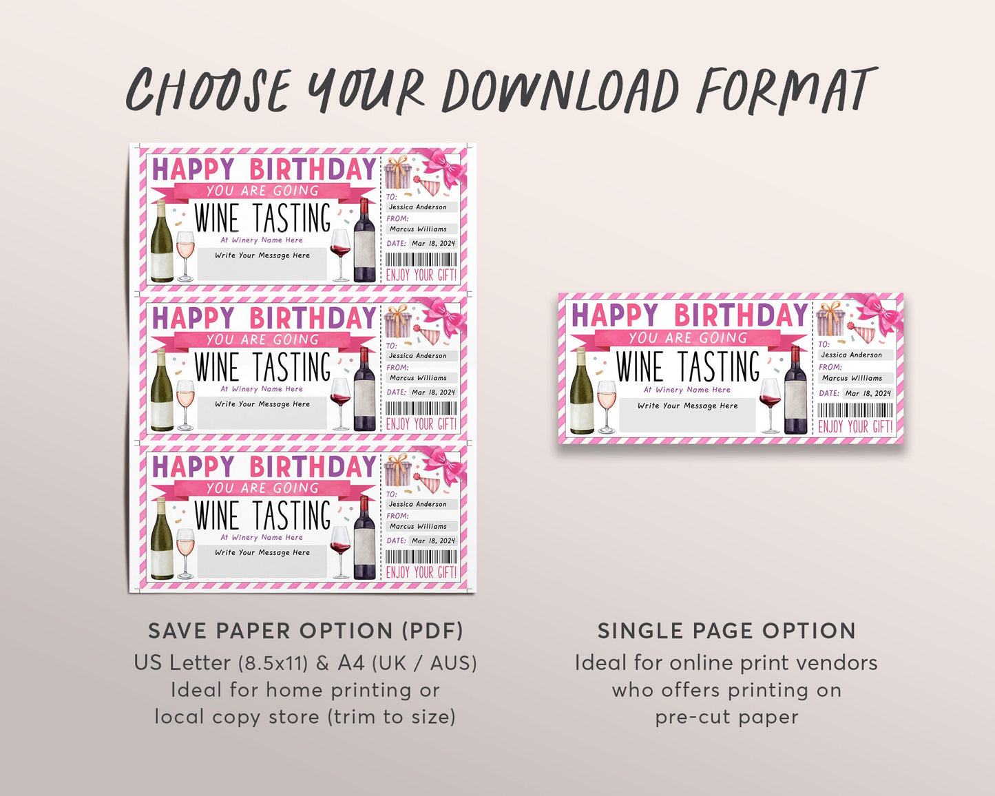 Wine Tasting Gift Voucher Editable Template, Birthday Surprise Wine Tasting Ticket Gift Certificate For Her, Winery Vineyard Coupon Reveal